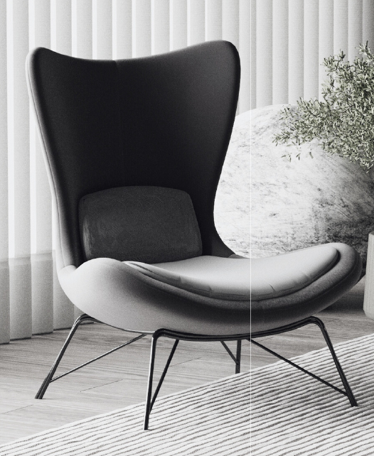 Modern high-back lounge chair with curved seat and slim metal legs in a bright living room with vertical blinds and a plant nearby.