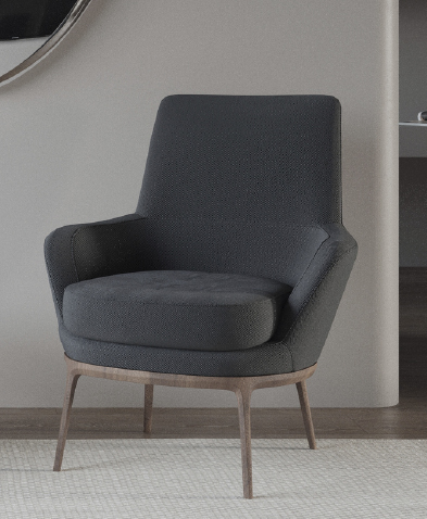 Dark gray upholstered lounge chair with curved arms and light wood legs on a beige rug in a modern living room.