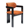Orange woven upholstered armchair with a black frame viewed from the front right