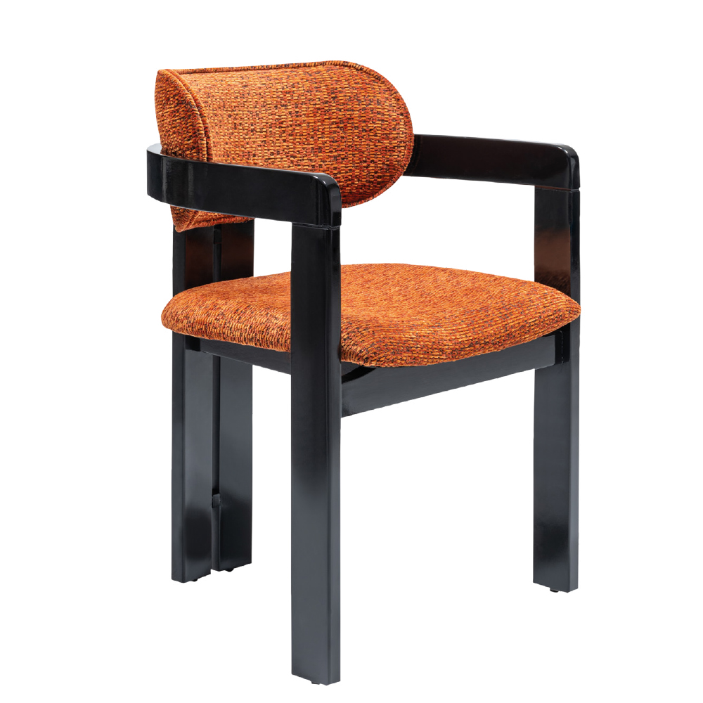 Orange woven upholstered armchair with a black frame viewed from the front right