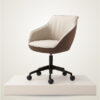 Cream and brown upholstered swivel office chair with five casters on a black base shown on a white platform