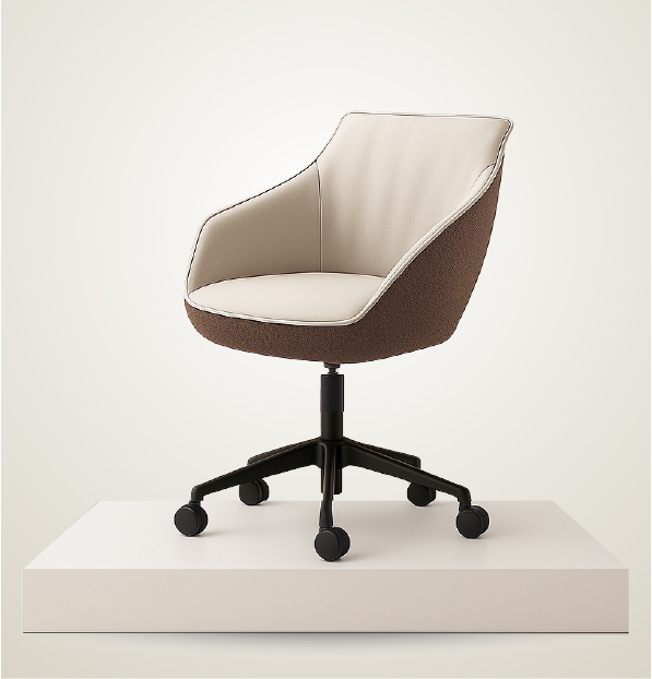 milaoffice Armonna Cream and brown upholstered swivel office chair with five casters on a black base shown on a white platform