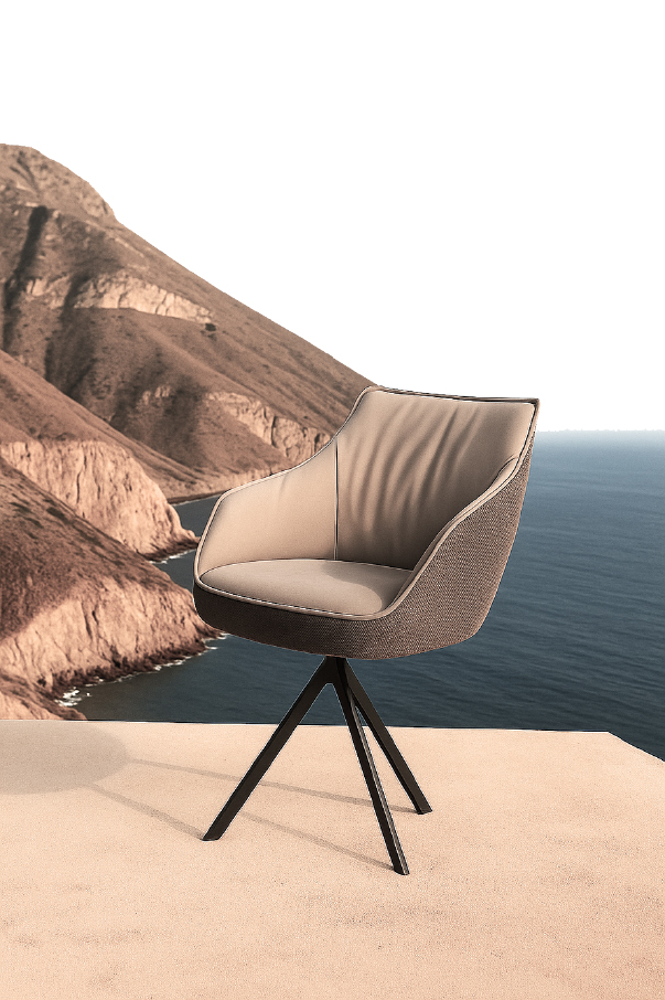 Modern cushioned outdoor chair on a terrace with rocky coastline and sea in the background, daylight soft pink tones.