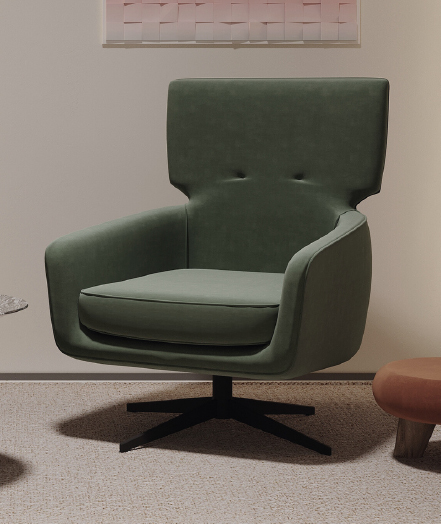 Green upholstered swivel armchair with curved arms, placed on a beige carpet in a neutral room, with wall art above.