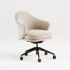 Beige upholstered swivel office chair with armrests on a wheeled five star base against a white background