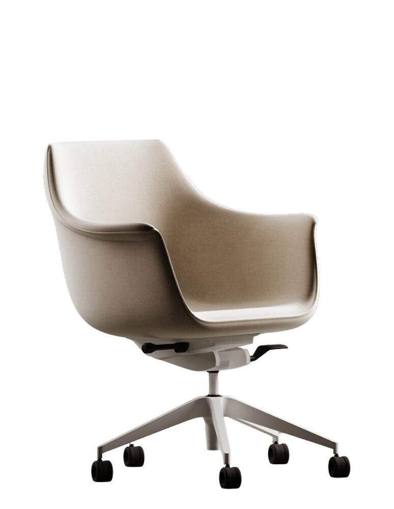 Beige ergonomic swivel office chair with five-wheel base on a white background, viewed from the side/angled view.