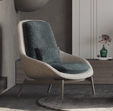 Modern upholstered lounge chair with cream shell and teal cushions in a living room beside a wooden sideboard and green vase.