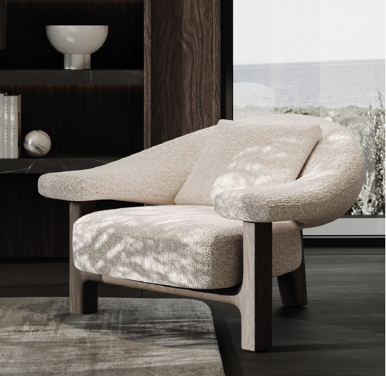 Beige textured fabric armchair with curved back and wooden legs in a modern living room setting.