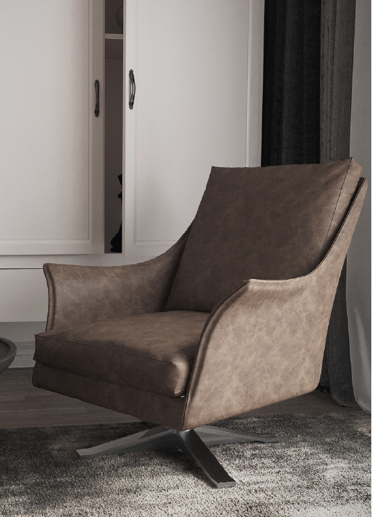 Brown leather upholstered swivel armchair with wide arms in a living room, placed on a patterned rug in front of white built-in cabinets.