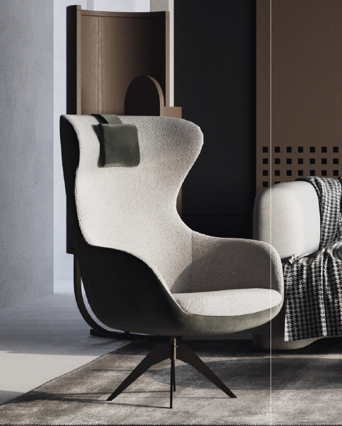 Modern beige lounge armchair with a black base and a dark throw pillow, set in a contemporary bedroom with a bed and neutral decor.